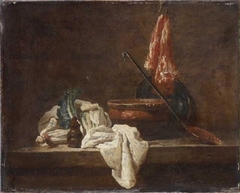 Nature morte avec deux pieds de céleri, boîte à épices, torchon, terrine, plat, écumoire et morceau de viande by Jean-Baptiste-Siméon Chardin