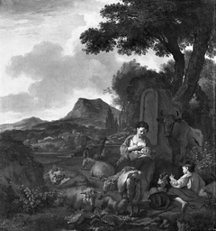 Nursing mother with a boy and a dog with sheep in a landscape by Nicolaes Pieterszoon Berchem