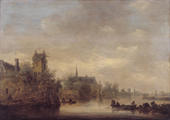 Ommuurde stad aan een rivier by Jan van Goyen