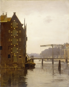 Pakhuizen aan een Amsterdamse gracht op Uilenburg by Willem Witsen