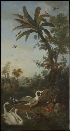 Paysage avec singes macaques rhésus, cygnes tuberculés, spréo royal d'Afrique, sur le palmier, canard colvert et pastèques by Christophe Huet