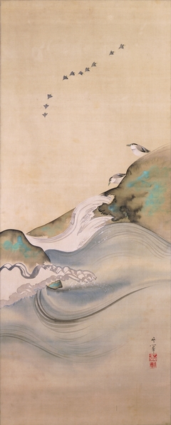 Plovers, Rocks, and Waves by Suzuki Kiitsu