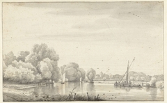 Rivier tussen bomen en weiden by Jacob Esselens