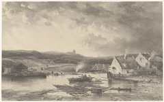 Rivierlandschap met enige huizen en een watermolen by Samuel Verveer