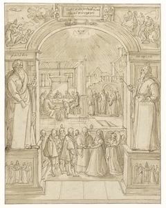 Sacrament van het huwelijk, in omlijsting met Paulus en Mozes by Hans Bol