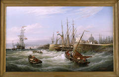 Scheepvaart op het IJ ter hoogte van de Westerdokssluis by Cornelis Christiaan Dommersen