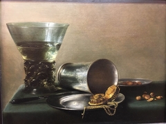 Still life large berkemeyer and gold pocket watch by Pieter Claesz