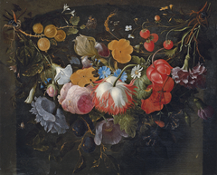 Still life of a swag of flowers hanging in a niche, with gooseberries, strawberries, roses, plums, an iris, a daisy and a spider by Pieter Gallis