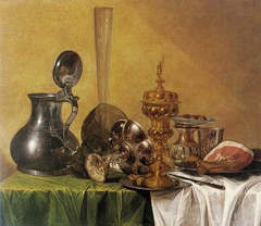 Still Life with Ham, Covered Beaker, Tazza, Rummer and Jug on a Table by Jan Jansz den Uyl