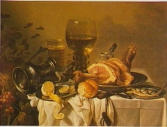 Still life with Jan Steen pitcher and ham by Pieter Claesz