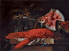 Still life with lobster and water melon by Pieter van Overschie