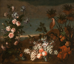 Still Life with Monkey, Flowers and Fruit by Jean-Baptiste Monnoyer