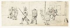 Straatscene met werkende mannen en spelende jongens by Unknown Artist