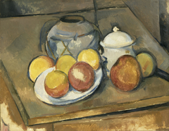 Straw-Trimmed Vase, Sugar Bowl and Apples by Paul Cézanne