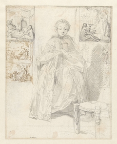 Studieblad met een lezende vrouw en enkele schetsen by Gabriel Jacques de Saint-Aubin