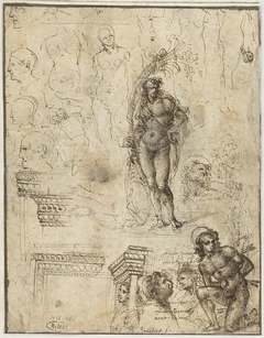 Study Sheet with Heads, Figures and Architectural Fragments by Unknown Artist