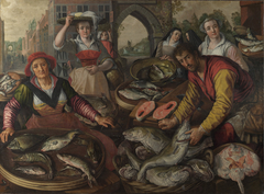 The Four Elements: Water. A Fish Market with the Miraculous Draught of Fishes in the Background by Joachim Beuckelaer