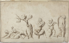 Twee centaurs, een bok, een boom en twee mensfiguren by Unknown Artist