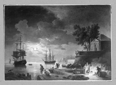 Un port de mer, la nuit, clair de lune by Joseph Vernet