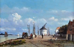 Waalkade met kraan by Jan Weissenbruch