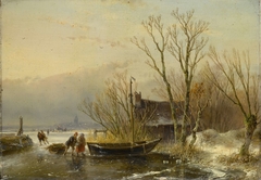 Winter Scene on the Ice with Wood Gatherers by Andreas Schelfhout