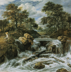 Wooded landscape with a water fall by Jacob van Ruisdael