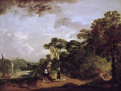 Wooded River Landscape with Peasants Resting and Church Tower by Thomas Gainsborough