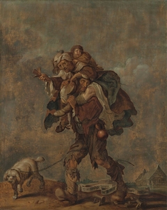 "Wretched are the legs that must bear the burden of poverty" by Adriaen van de Venne