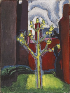 Young Tree in Red Courtyard by Oscar Florianus Bluemner