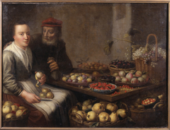 Young woman peeling a pear at a table with various fruits, an old man with a money bag adressing her by Floris van Schooten