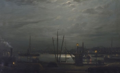 Zicht op de Maas en het Noordereiland vanaf de Oosterkade (?) bij nacht by Rein Miedema