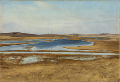 A flooded meadow. Hills in the background. Sunshine. by Laurits Andersen Ring