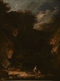 A rocky landscape with figures by Marco Ricci