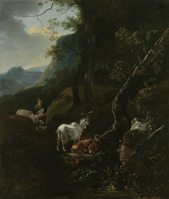 A Sherpherdess with Animals in a Mountainous Landscape by Adam Pijnacker