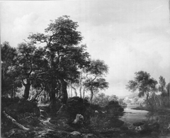 A wooded river landscape with a low waterfall by Jacob van Ruisdael