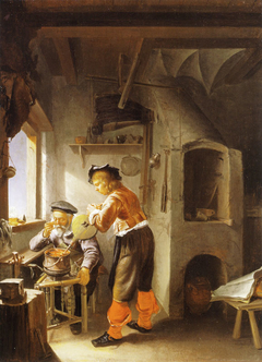 An alchemist and his assistant in a workshop by Frans van Mieris the Elder