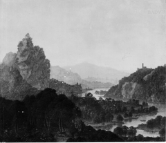 Bergige Flusslandschaft, rechts eine Burg by Jan Griffier I