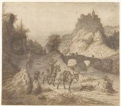 Berglandschap met kasteel en figuren by Lambert Doomer