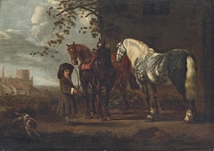 Boy Holding Three Horses by Abraham van Calraet