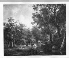 Brook in a forest with fishermen by Barend Cornelis Koekkoek