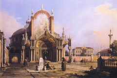 Capriccio of a Round Church with an Elaborate Gothic Portico in a Piazza, a Palladian Piazza and a Gothic Church Beyond by Canaletto