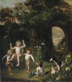 Children playing with a swing in a classical garden setting by Justus de Gelder