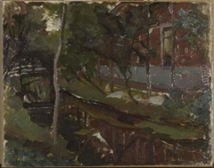 Curved canal with farm building at right by Piet Mondrian