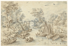 Dorp, doorsneden door een druk bevaren rivier by Jan Brueghel I