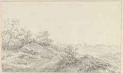 Duinlandschap met molen en torenspits in de verte by Unknown Artist