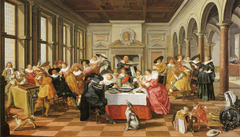 Elegant company smoking and drinking in a renaissance interior by Dirck Hals