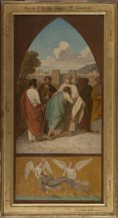 Esquisse pour l'église Saint -Séverin : Le pape saint Clément envoyant des missionnaires dans les Gaules. Les Anges retirent de la mer le corps de saint Clément. by Auguste Pichon