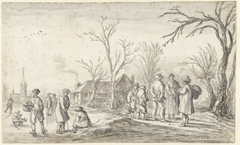 Figuren bij een dorp in de winter by Jan van Goyen