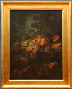 Fleurs, fruits et raisins sur un banc de pierre dans un paysage by Alexandre-François Desportes