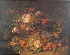 Flowers and fruit in a forest by Rachel Ruysch